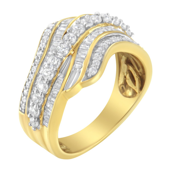 10K Yellow Gold 1.0 Cttw Baguette and Round Diamond Multi-Row Wave Bypass Ring (I-J Color, I1-I2 Cl N162-016564R600