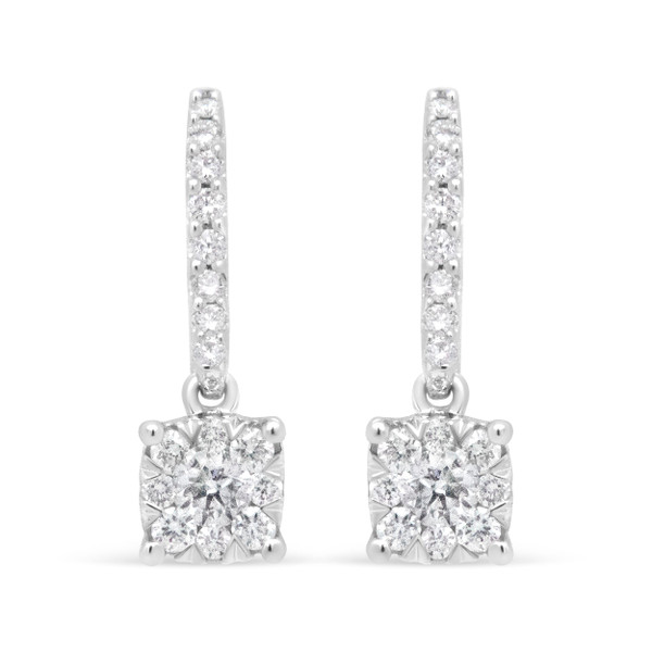 14K White 1/2 Cttw Round Diamond Halo Dangle Hook Earring - (H-I Color, SI2-I1 Clarity) N162-019919EASH
