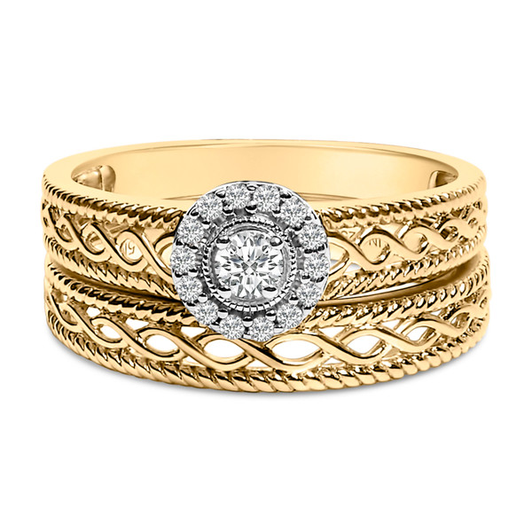 14K Yellow Gold Plated .925 Sterling Silver 1/5 Cttw Diamond Halo Engagement Ring and Wedding Band  N162-019215R700