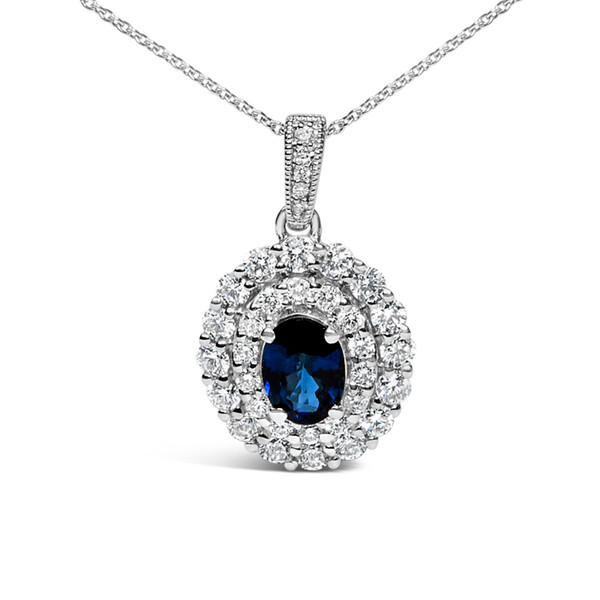 14K White Gold Oval Blue Sapphire and 3/4 Cttw Diamond Halo Pendant Necklace N162-022317PASH