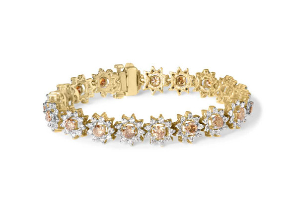14K Yellow Gold 8.00 Cttw Champagne Diamond Floral Cluster Halo Link Bracelet (H-I Color, I1-I2 Cla N162-64-4247YCD