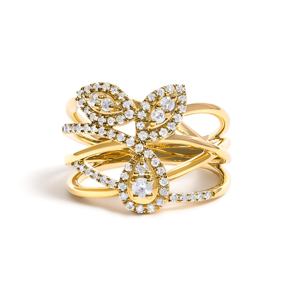 10K Yellow Gold 1/2 Cttw Diamond Crossover 3 Leaf Floral Cocktail Ring Band (H-I Color, SI1-SI2 Cla N162-016389R800