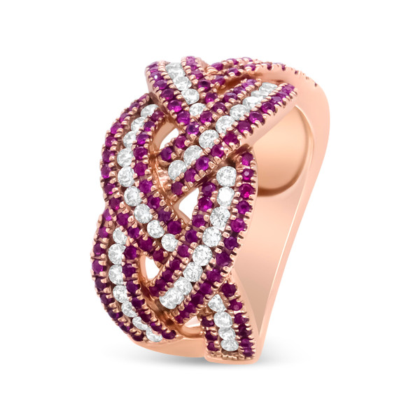 18K Rose Gold Red Ruby and 7/8 Cttw Diamond Woven Braided Band Ring (F-G Color, VS1-VS2 Clarity) -  N162-020092RD01