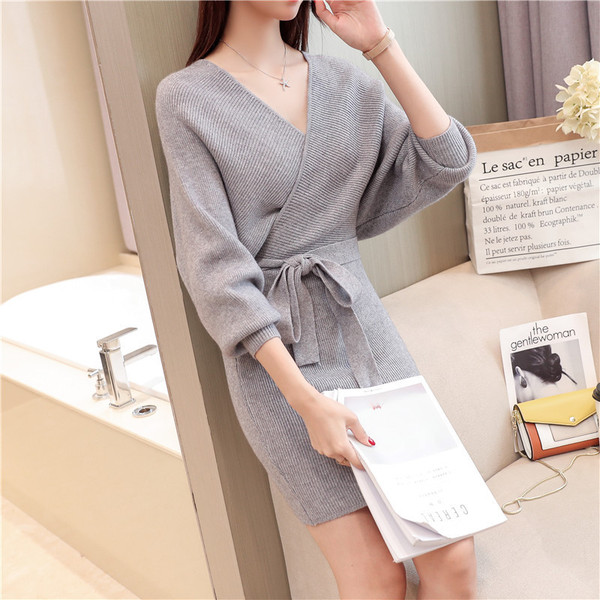 2021 autumn new bag hip dress women's large sweater long section V-neck lace sweater skirt winter Q119-CJNSSYLY00803