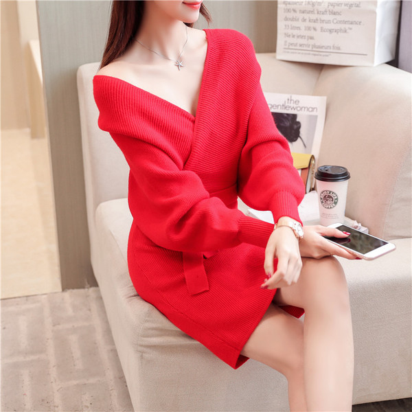 2021 autumn new bag hip dress women's large sweater long section V-neck lace sweater skirt winter Q119-CJNSSYLY00803