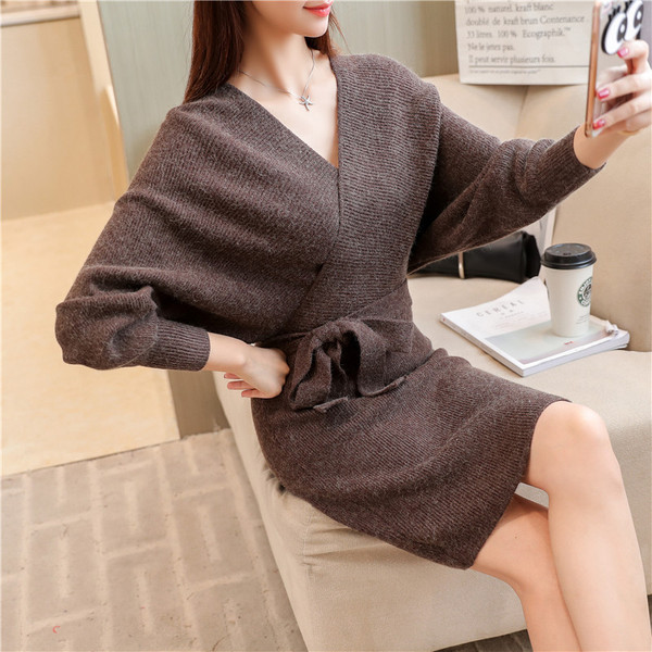 2021 autumn new bag hip dress women's large sweater long section V-neck lace sweater skirt winter Q119-CJNSSYLY00803