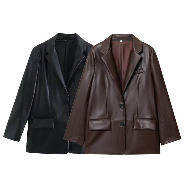 Simple Straight Leather Effect Blazer For Women Q119-CJYD2549015