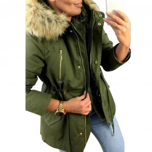 Color: Army Green, Size: 2XL - 2020 Winter Women's Thick Plush Warm Faux Fur Hooded Coat Long Q119-CJYM119481123WD