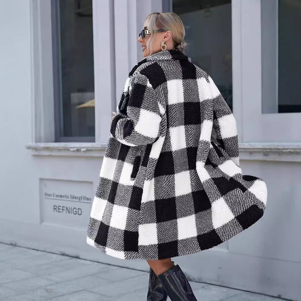 Women's Lapel Long Sleeve Non-buckle Plaid Long Coat Q119-CJQB2222522