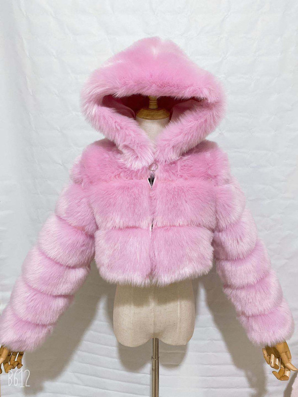 Color: Light Purple, Size: M - Short Hooded Faux Fur Long Sleeve Coat Q119-CJFP254405116PK