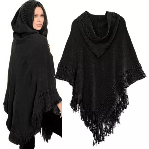 Color: Beige, Size: One Size - New Women Ladies Tassel Cape Coat Fringe Poncho Oblique Stripe Coat  F640-12000044268071679