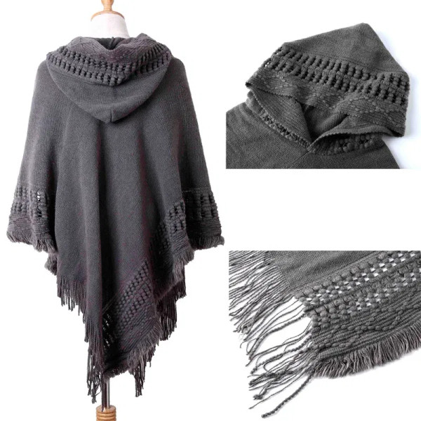 Color: Beige, Size: One Size - New Women Ladies Tassel Cape Coat Fringe Poncho Oblique Stripe Coat  F640-12000044268071679