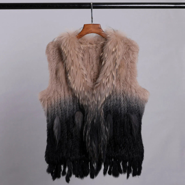 Color: Navy Blue, Size: XXL - Luxury Women's Genuine Premium Long Hair Rabbit Fur Knit Vest Raccoon F640-12000038456018633