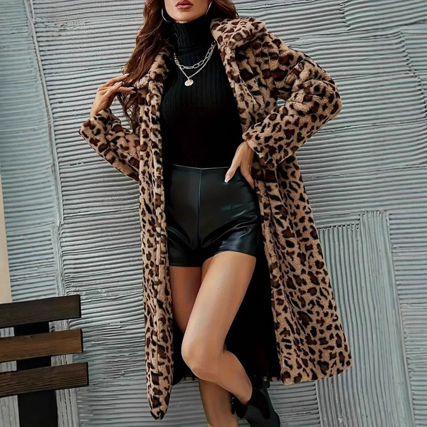 Fashion Loose Casual Mid-length Fur Leopard Print Coat Jacket Trench Coat Q119-CJQB2557380