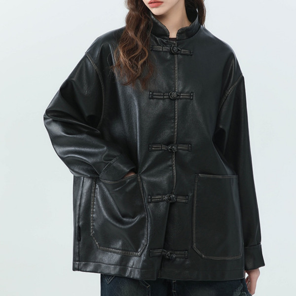 Retro Loose PU Leather Jacket With Small Stand Collar Q119-CJYD1986375