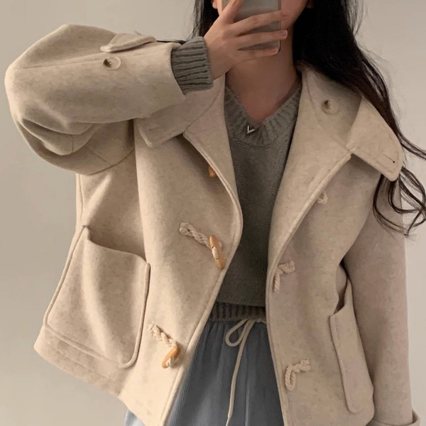 Color: Oatmeal Color Plus Cotton, Size: L - Horn Button Design Large Pocket Loose Versatile Hooded  Q119-CJQB209739507GT