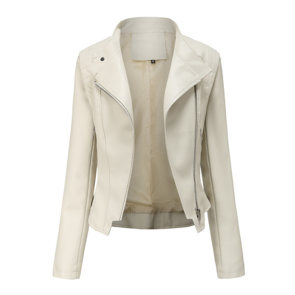 Color: Beige, Size: XXXL - PU Lapel Women Slim-fit Leather Coat Women Q119-CJYD210764832FU