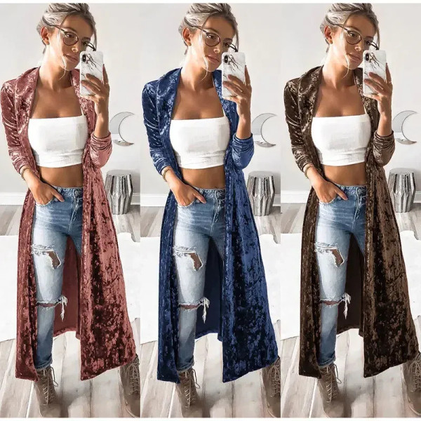 Color: Red, Size: XXL - 2024 Long Velvet Kimono Cardigan Windbreaker Women Jacket Pure Color Fashio F640-12000043306215604