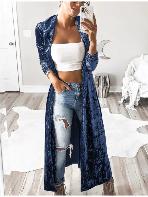 Color: Blue, Size: S - 2024 Long Velvet Kimono Cardigan Windbreaker Women Jacket Pure Color Fashion F640-12000043306215595