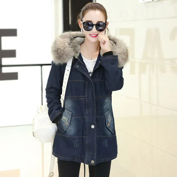 Color: Blue, Size: S - 2019 New Plus Velvet Padded Coat Women Winter Denim Jacket With Large Fur Co F640-10000000705375541