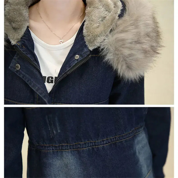 Color: Blue, Size: S - 2019 New Plus Velvet Padded Coat Women Winter Denim Jacket With Large Fur Co F640-10000000705375541