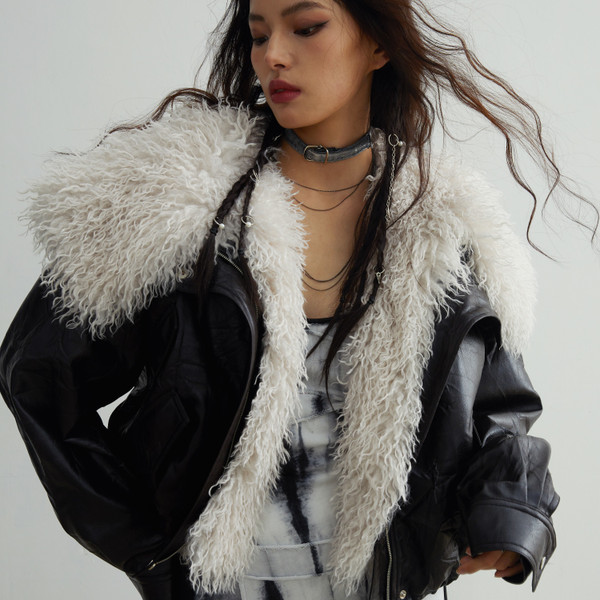 Retro Quiet Luxury Detachable Large Fur Collar Leather Jacket Q119-CJFP2169730