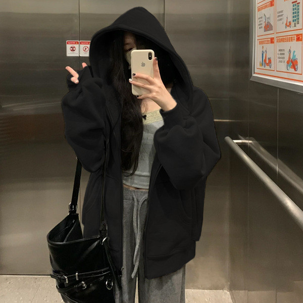 Color: Black, Size: L - Women's Sweater Fleece Zipper Cardigan Hooded Coat Q119-CJWY246593109IR