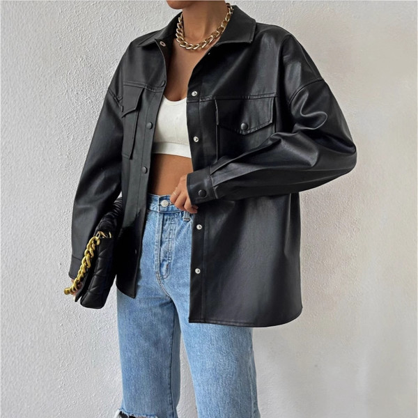 Single-breasted Solid Color Pocket PU Fashion Casual Jacket Top Q119-CJYD2360353