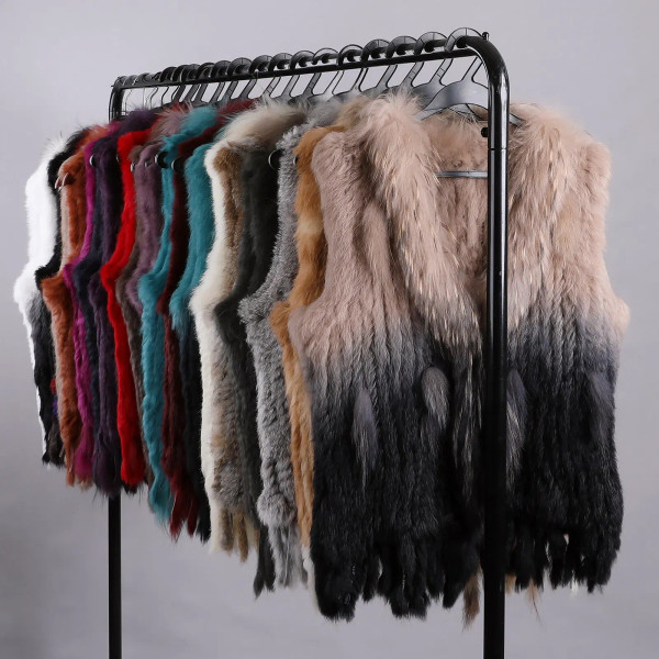 Color: Red, Size: XL - Luxury Women's Genuine Premium Long Hair Rabbit Fur Knit Vest Raccoon Fur Tr F640-12000038456018682