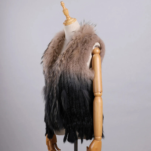 Color: Red, Size: XL - Luxury Women's Genuine Premium Long Hair Rabbit Fur Knit Vest Raccoon Fur Tr F640-12000038456018682