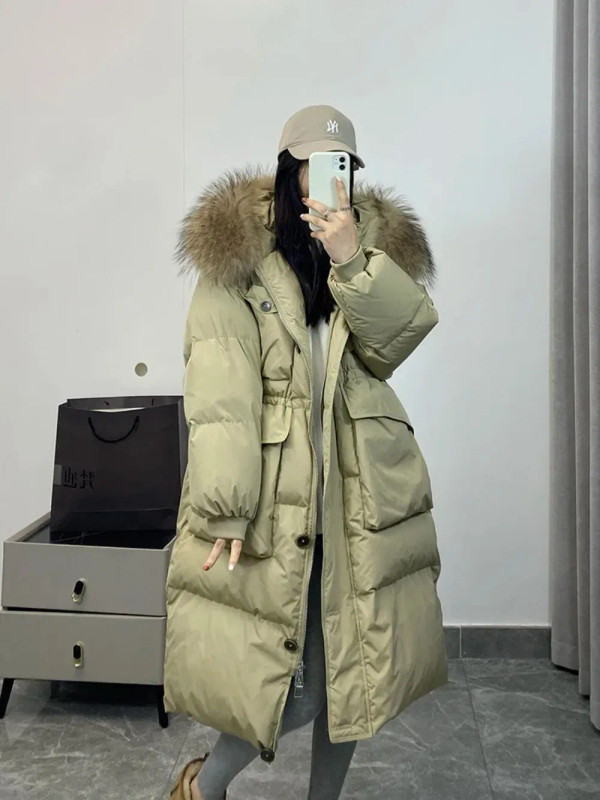 Color: Khaki, Size: M - Down Jacket Women Waterproof Winter Long Puffer Jacket 2024 Real Raccoon Fu F640-12000040017252123