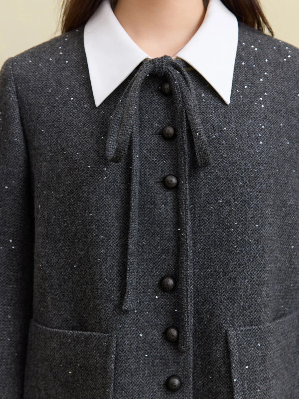 Color: GRAY, Size: XXXL - DUSHU 27.7% Wool Women Grey Short Jackets Sequins Design Female Round Nec F640-12000044445987123