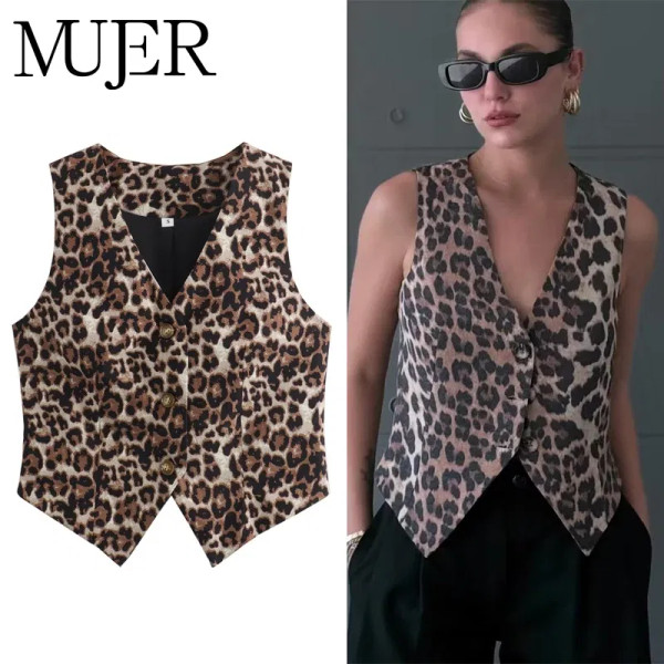 Color: black, Size: S - MUJER Leopard Print Vests for Women Waistcoat Cropped Sleeveless Vest Woman F640-12000042554928071
