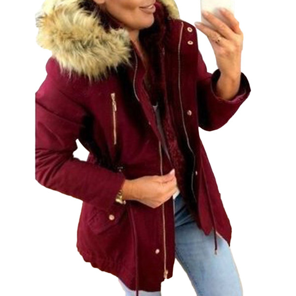 Color: Wine Red, Size: S - 2020 Winter Women's Thick Plush Warm Faux Fur Hooded Coat Long Q119-CJYM119481113MN