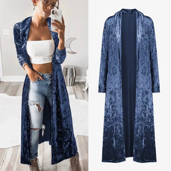 Color: Blue, Size: L - 2024 Long Velvet Kimono Cardigan Windbreaker Women Jacket Pure Color Fashion F640-12000043306215597