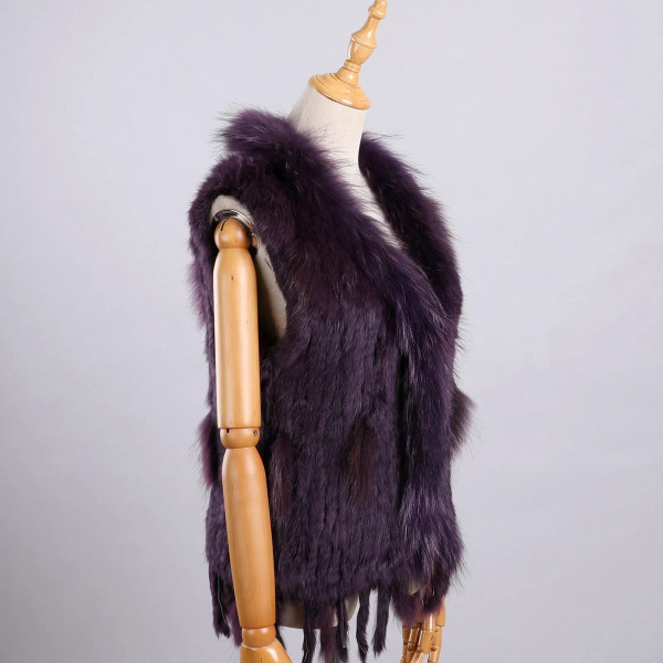 Color: PURPLE, Size: M - Luxury Women's Genuine Premium Long Hair Rabbit Fur Knit Vest Raccoon Fur  F640-12000038456018705
