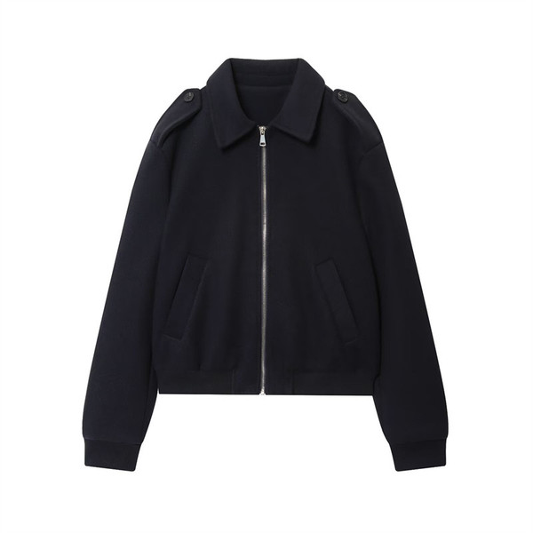 Women's Navy Blue Turn-down Collar Coat Q119-CJYD2569598