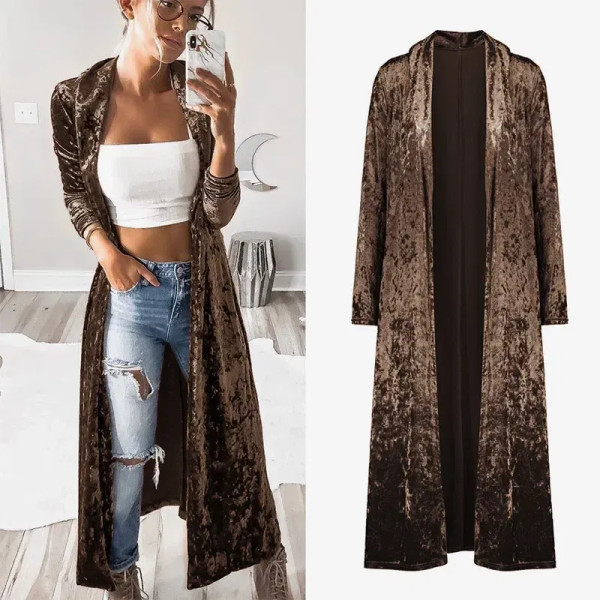Color: Beige, Size: S - 2024 Long Velvet Kimono Cardigan Windbreaker Women Jacket Pure Color Fashio F640-12000043306215590