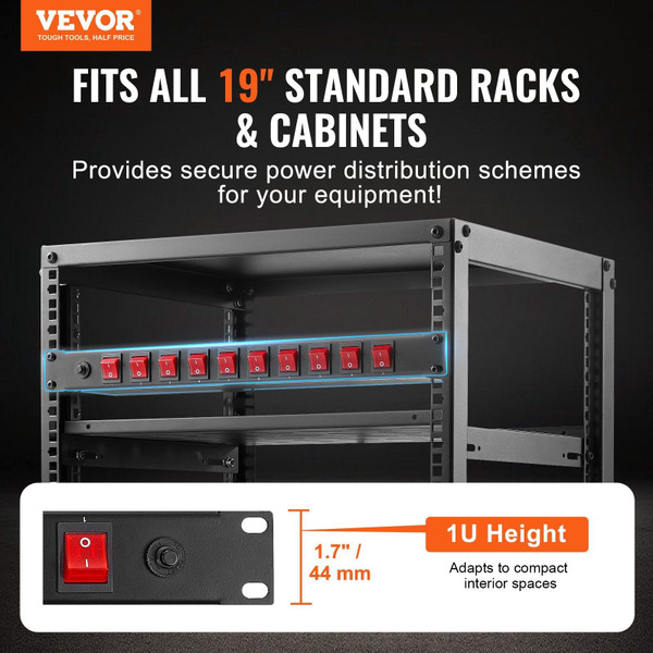 1U PDU, 10 Outlets, Rack Mount Power Strip Fits Standard 19" Server Racks, with Independent Switch  E415-PDUDYB1UNEMAE4VKEV1