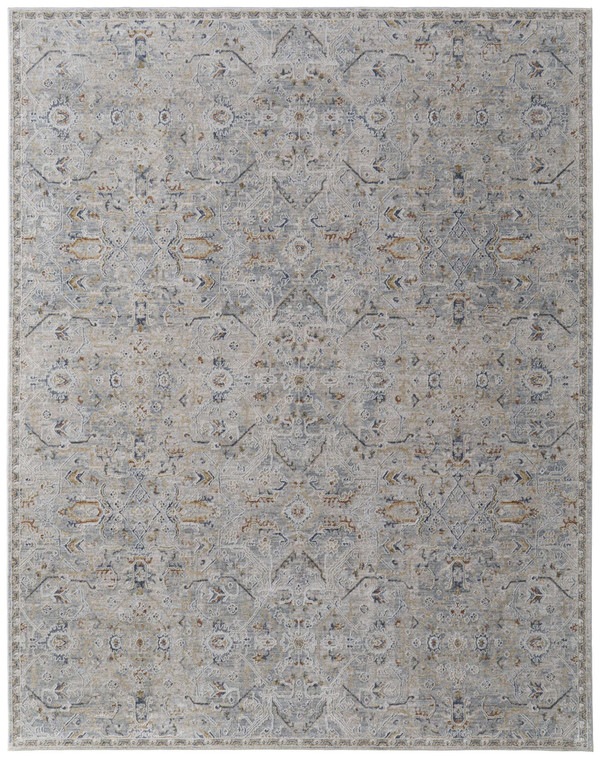 8' X 10' Ivory Tan and Blue Abstract Power Loom Worn Faded Area Rug With Fringe N270-567583