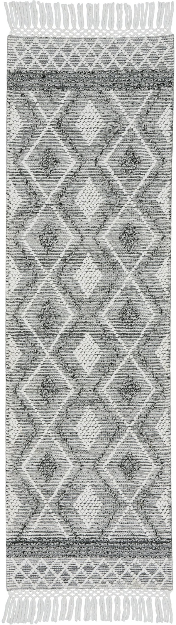 8' Gray and Ivory Geometric Hand Woven Runner Rug With Fringe N270-533378