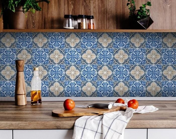 7" X 7" Blues and Crema Peel And Stick Removable Tiles N270-400087