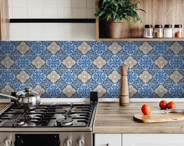 7" X 7" Blues and Crema Peel And Stick Removable Tiles N270-400087