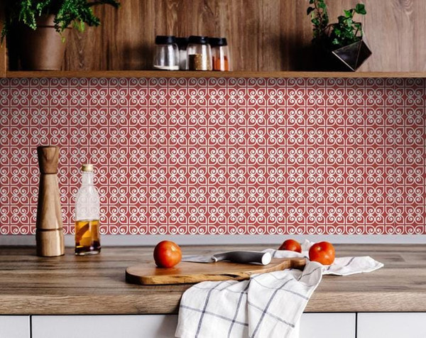 8" x 8" Brick Red And White Scroll Peel and Stick Removable Tiles N270-400424
