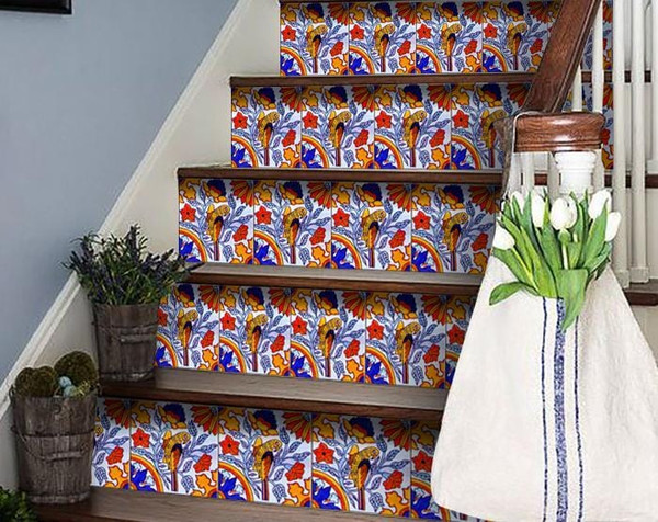 6" X 6" Orange Red And Blue Peel And Stick Removable Tiles N270-390845