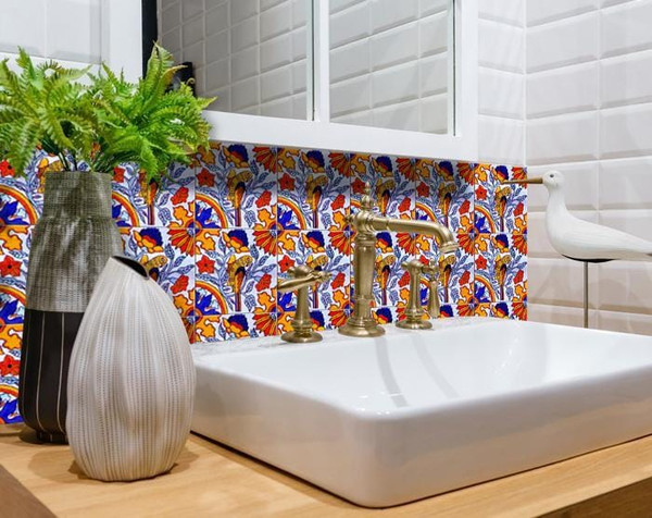 6" X 6" Orange Red And Blue Peel And Stick Removable Tiles N270-390845