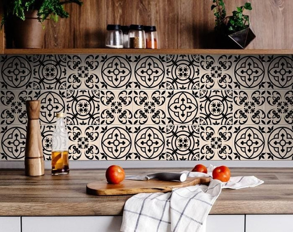 7" X 7" Cream And Black Mosaic Peel And Stick Removable Tiles N270-390776