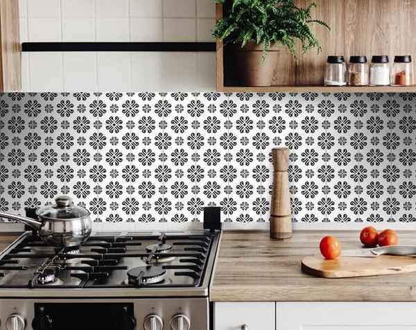 7" X 7" Black and White Daisy Peel and Stick Removable Tiles N270-399883