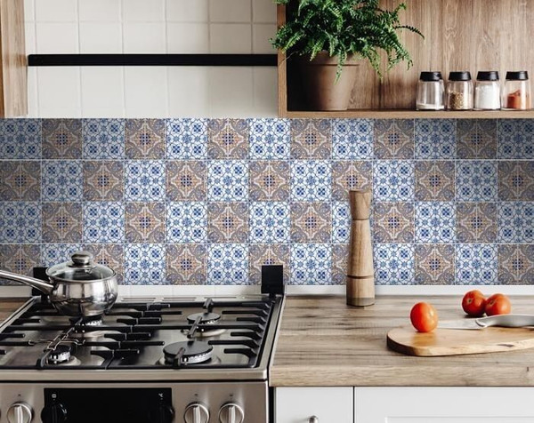 5" X 5" Blue and Muted Taupe Peel And Stick Tiles N270-400151
