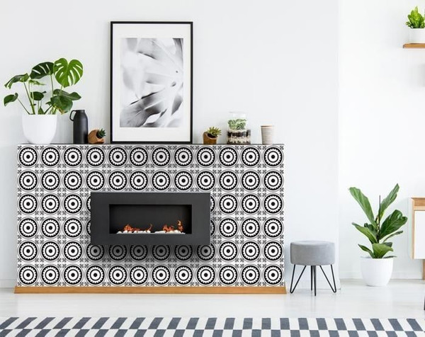7" X 7" Black and White Posy Peel and Stick Removable Tiles N270-399983